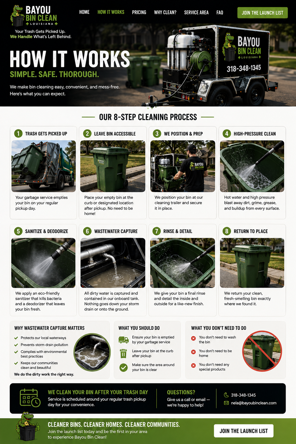 Illustrated eight-step Bayou Bin Clean process showing trash pickup, curbside bin, trailer preparation, pressure cleaning, sanitizing, wastewater capture, final rinse, and clean bin return